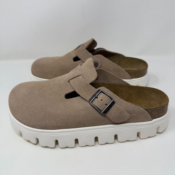 Birkenstock Papillio Sz 39 US 8 Boston Chunky Platform Clog Shoes Beige Suede - Picture 1 of 7